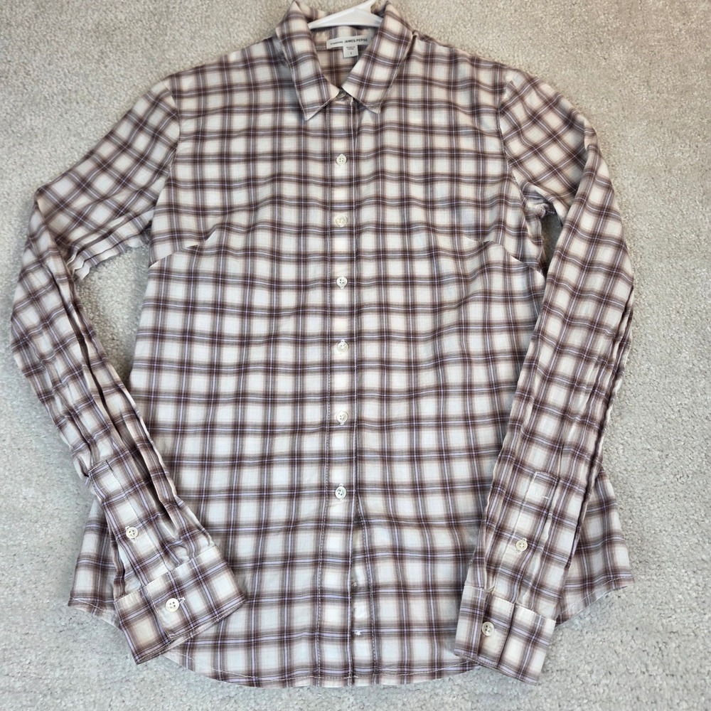 James Perse Standard Brown Plaid Cotton Button Down Shirt Womens Size 1 (S)